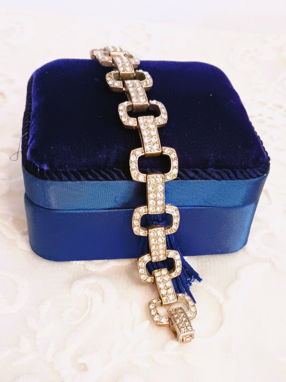 Monet Vtg Sparkle Pave Link Bracelet 6.75" Silver Tone Evening Jewelry